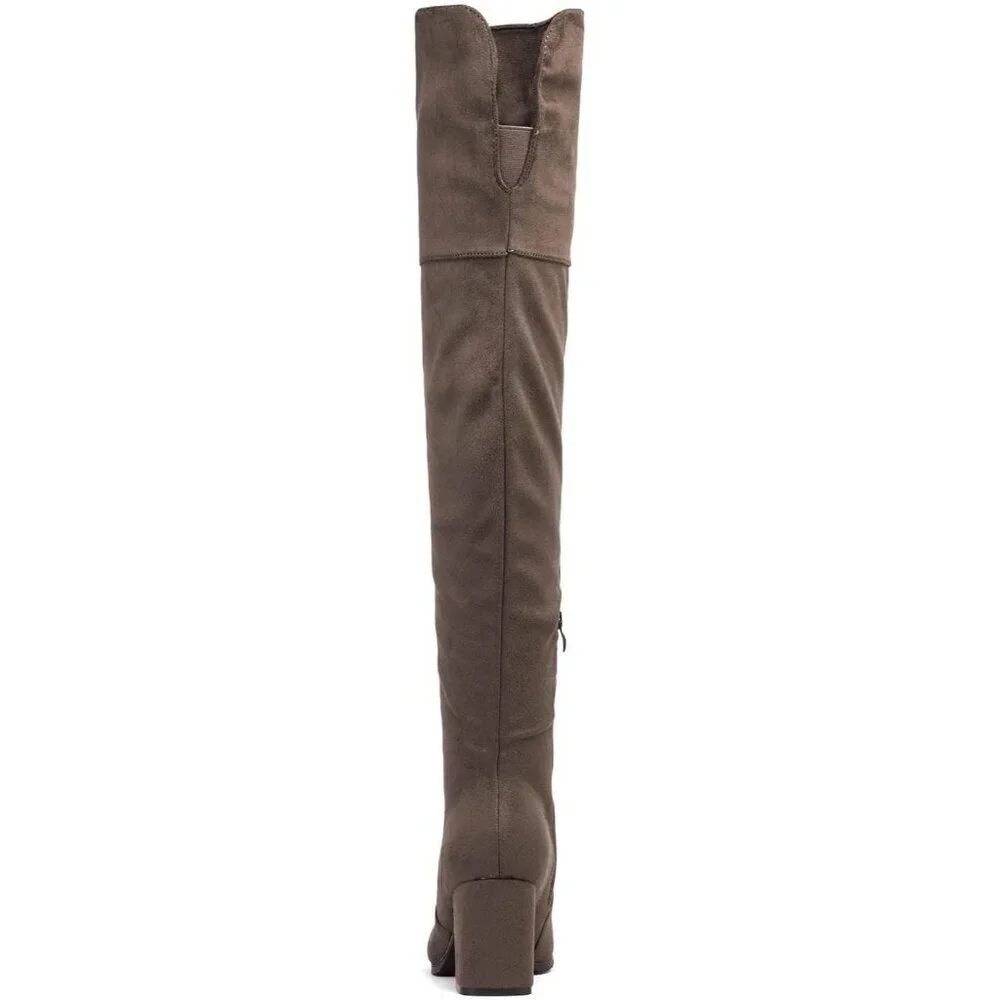 Women's Khaki Faux Suede Thigh High Block Heel Over The Knee Long Pointed Boot